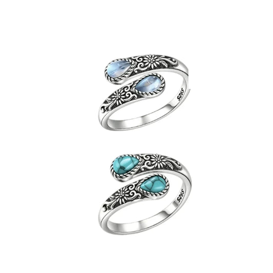 Set 2 anillos vintage daisy plata S925 piedra luna y turquesa